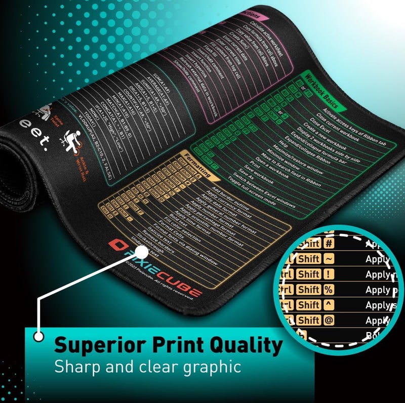 Pixiecube Excel Shortcut Keys Mouse Pad - Extended Large XL Cheat Sheet Gaming Mousepad | PC Office Spreadsheet Keyboard Mat | Non-Slip Stitched Edge - Image 3